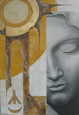 Acrylbild eines männlichen Gesichtes vor gelben, weissen und goldenen Strukturen und Symbolen